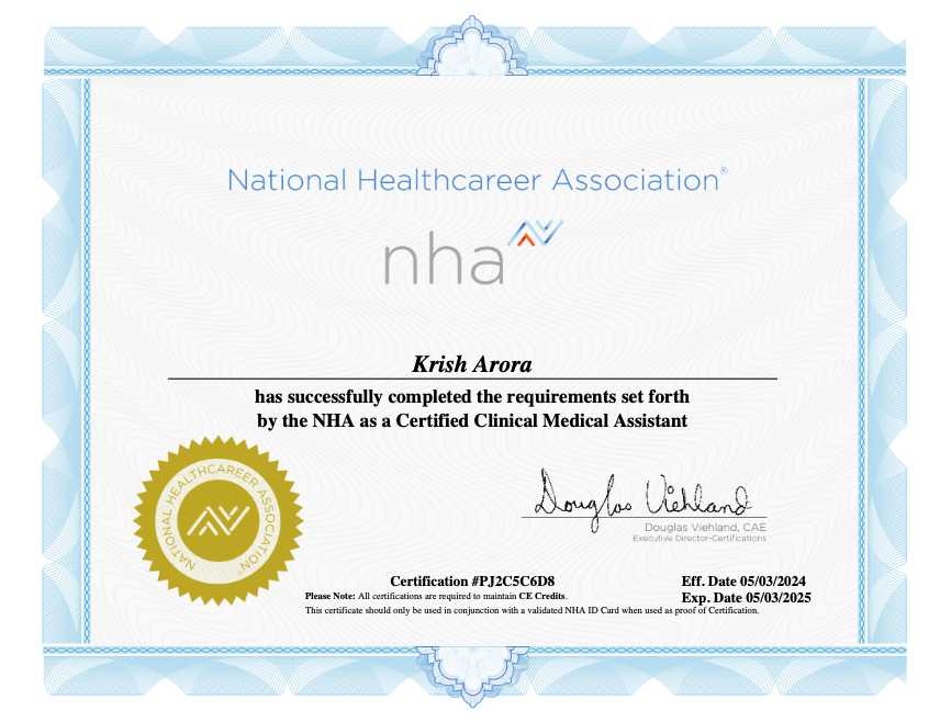 nha ccma certification krish arora 5/3/24